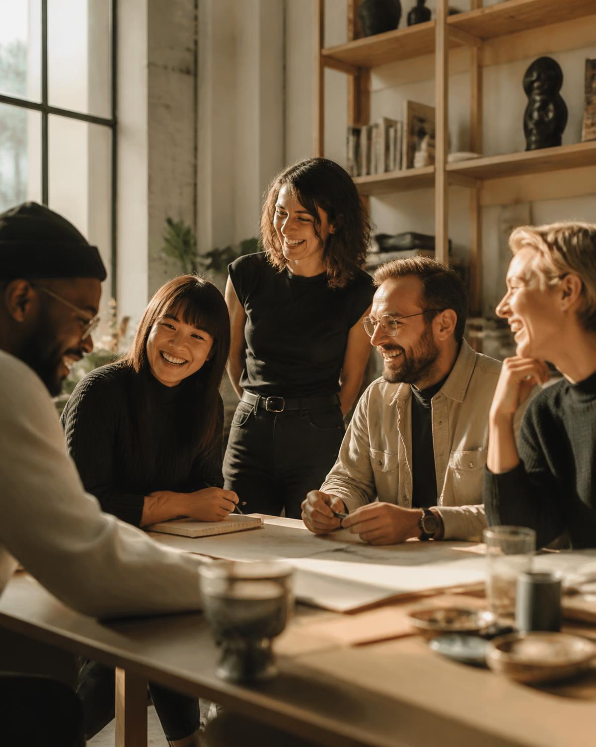 Une équipe engagée et souriante autour d'une table de travail